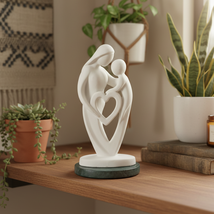 Mother Baby White Heart Showpiece with Green Marble Base
