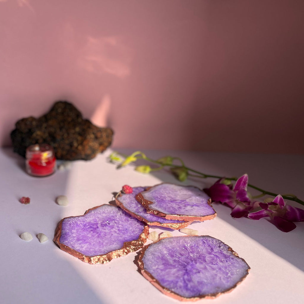 Purple  Crystal Agate Coaster With Rose Gold Plating
