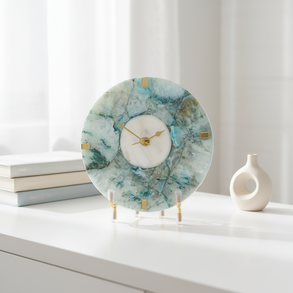 Agate Round Turquoise Color Desk Clock with Metal Stand
