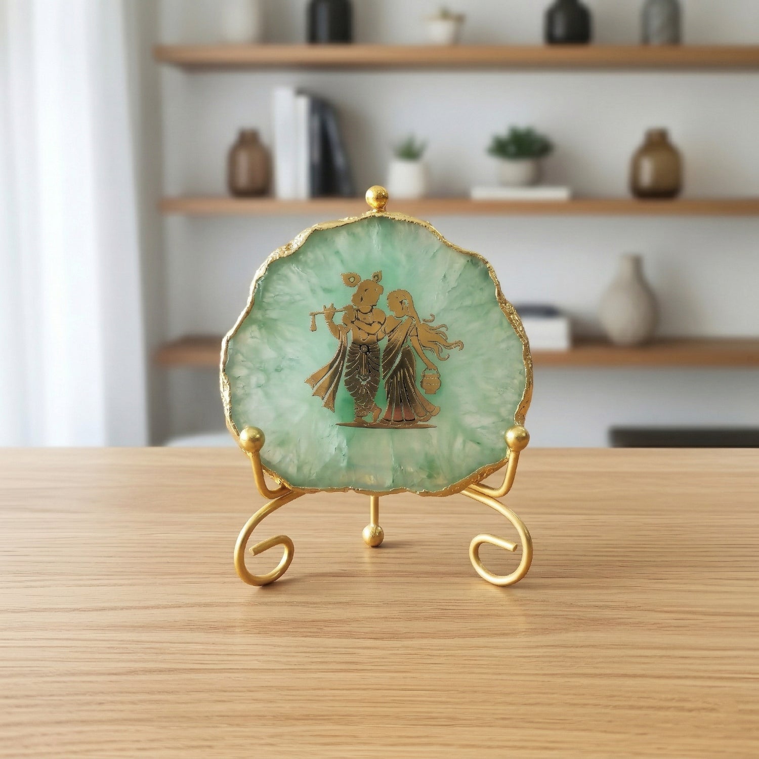 Agate Radha Krishna Showpiece with Metal Stand - White