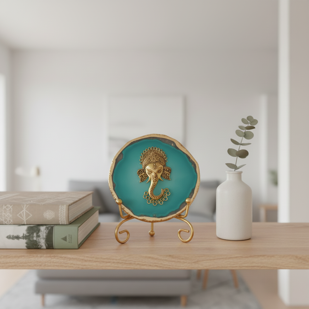 Agate Metal Ganesha Showpiece with Metal Stand - White