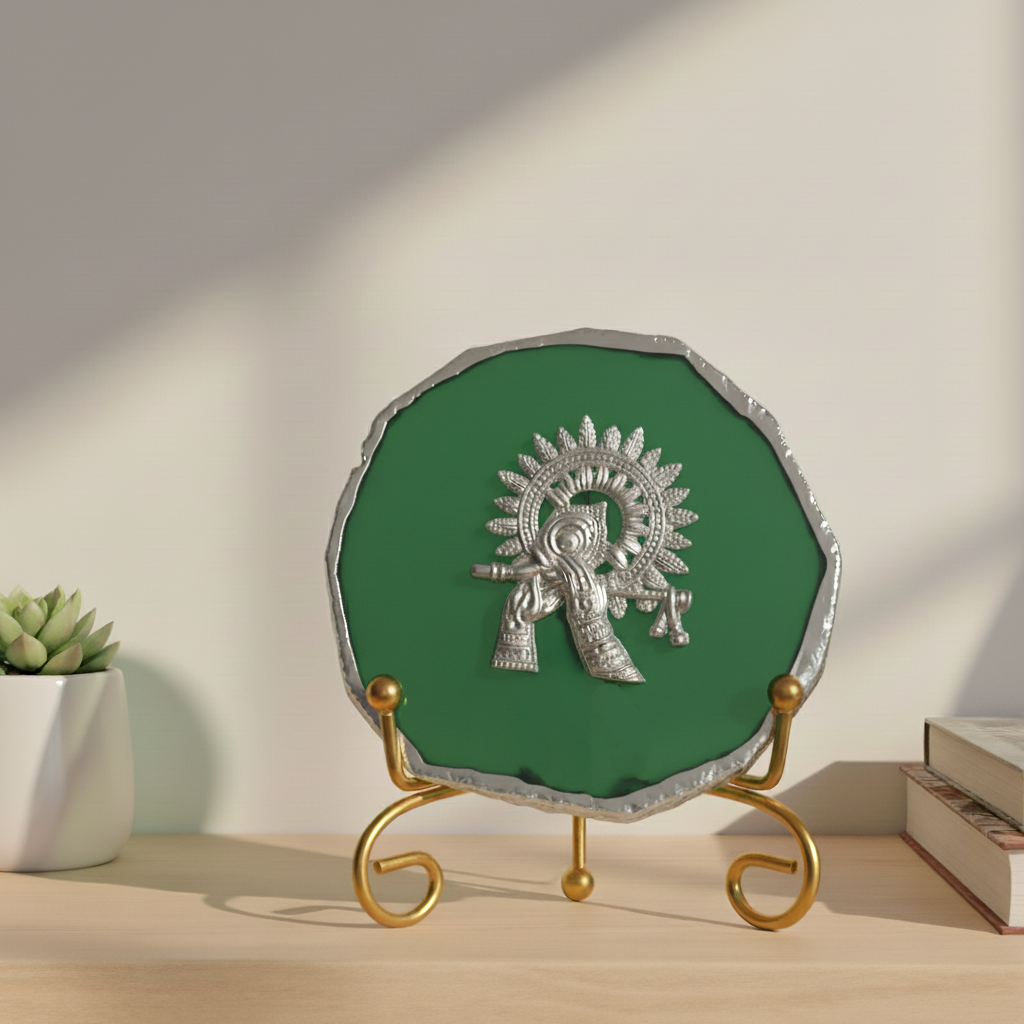 Agate Silver Metal Krishna Showpiece with Metal Stand - Pink