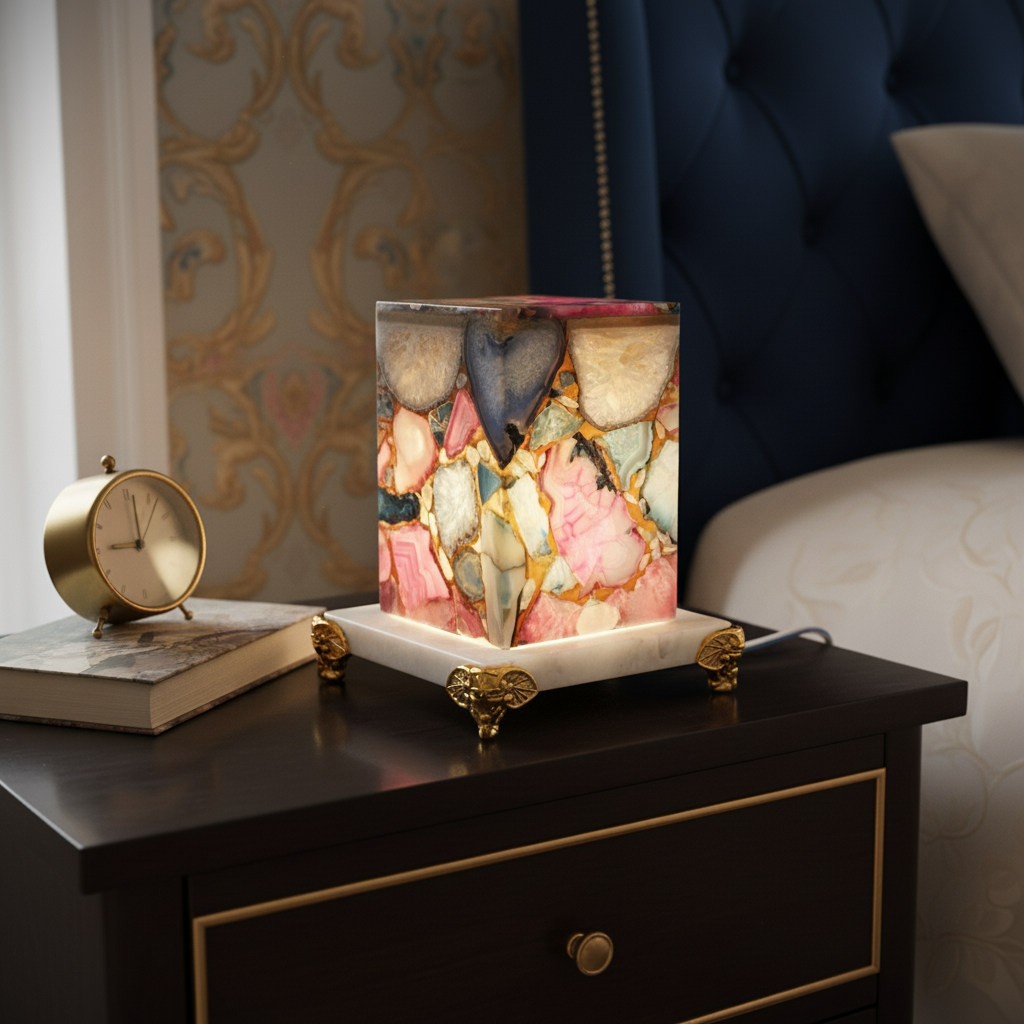 Multicolor Agate Table Lamp With Marble Base