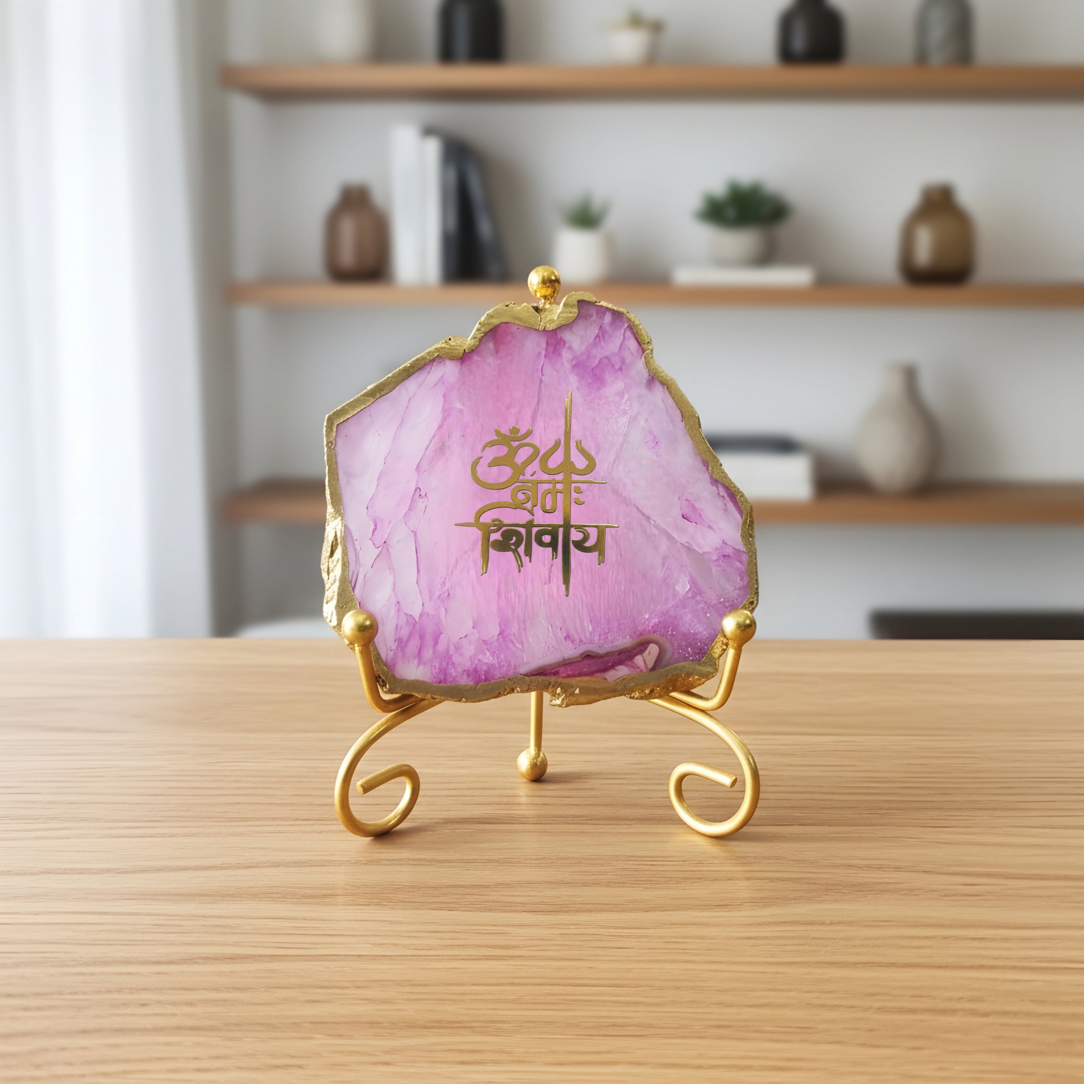 Agate Om Namah Shivay Showpiece with Metal Stand - Blue