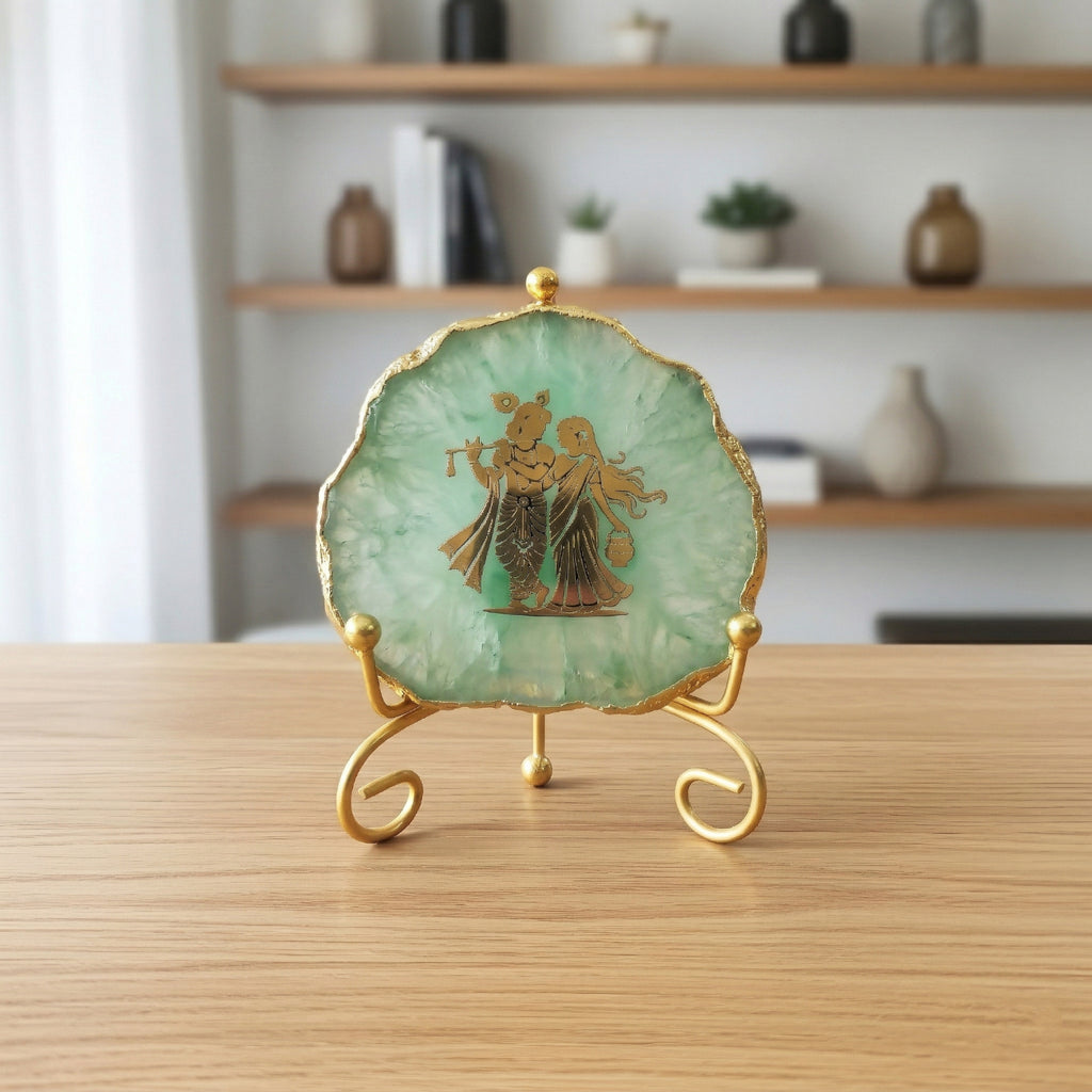 Agate Radha Krishna Showpiece with Metal Stand - Blue