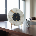 Round White Agate and Green Marble Big Desk Clock with Metal Stand