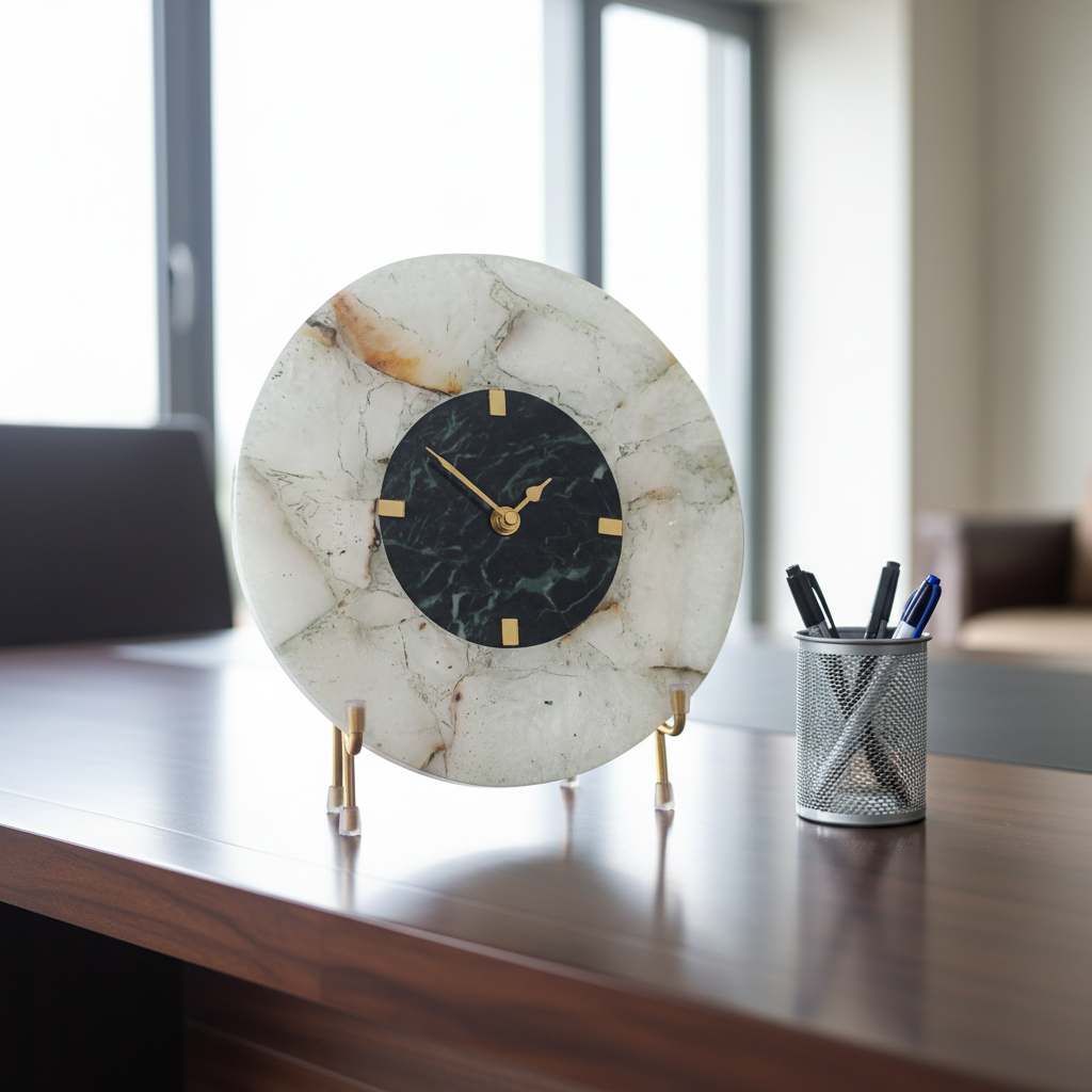 Round White Agate and Green Marble Big Desk Clock with Metal Stand