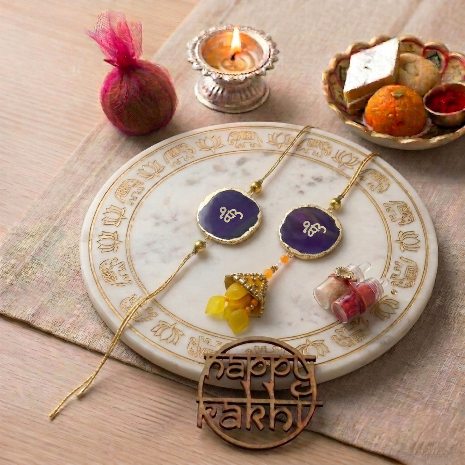 Agate Purple Lumba Rakhi Set With Roli Chawal and Nariyal With Gift Box