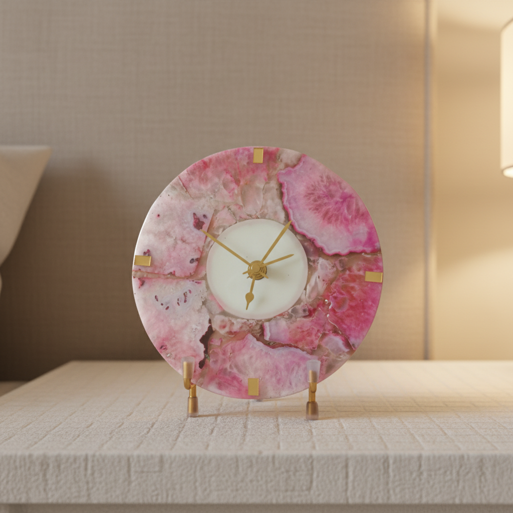 Agate Round Pink Color Desk Clock with Metal Stand