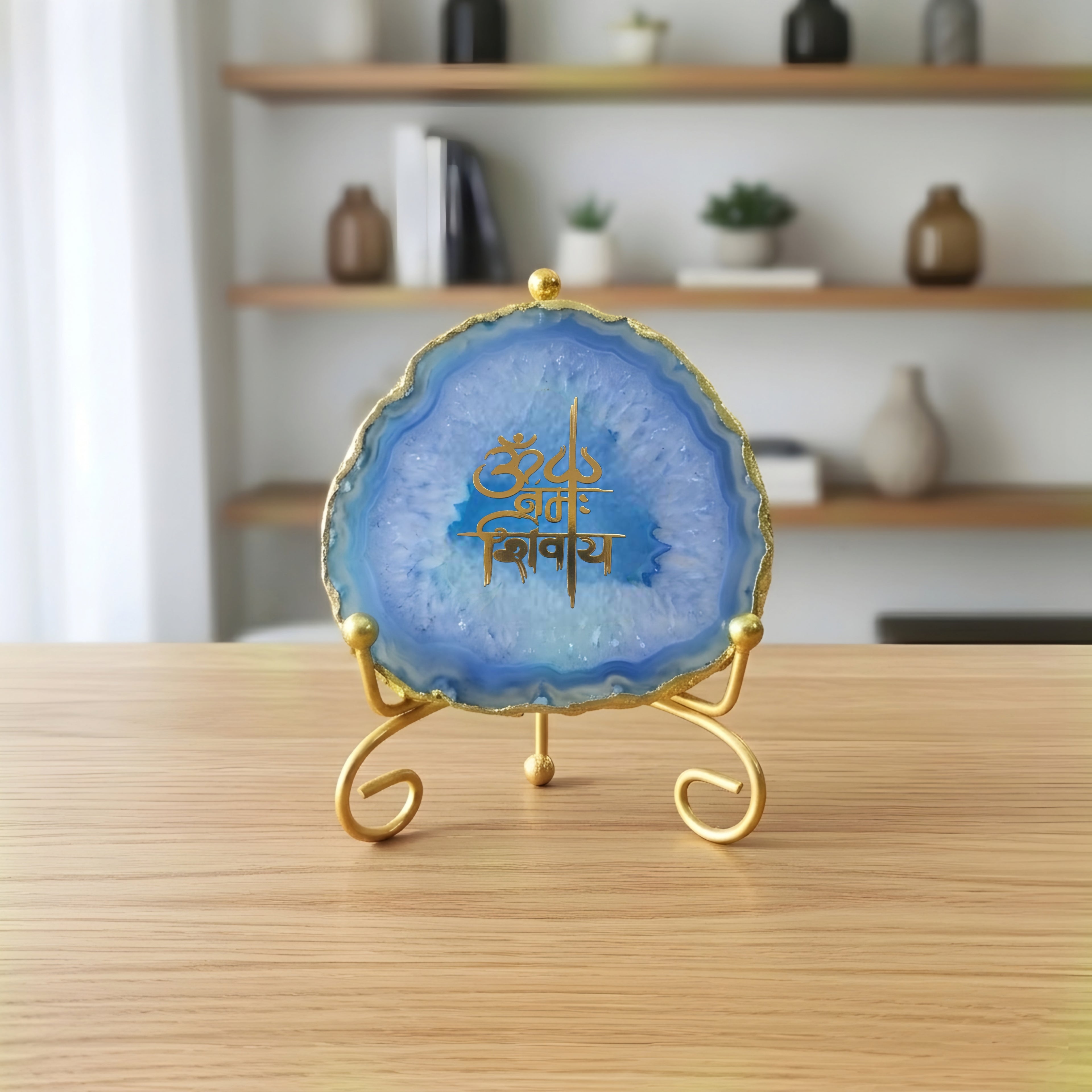 Agate Om Namah Shivay Showpiece with Metal Stand - Blue