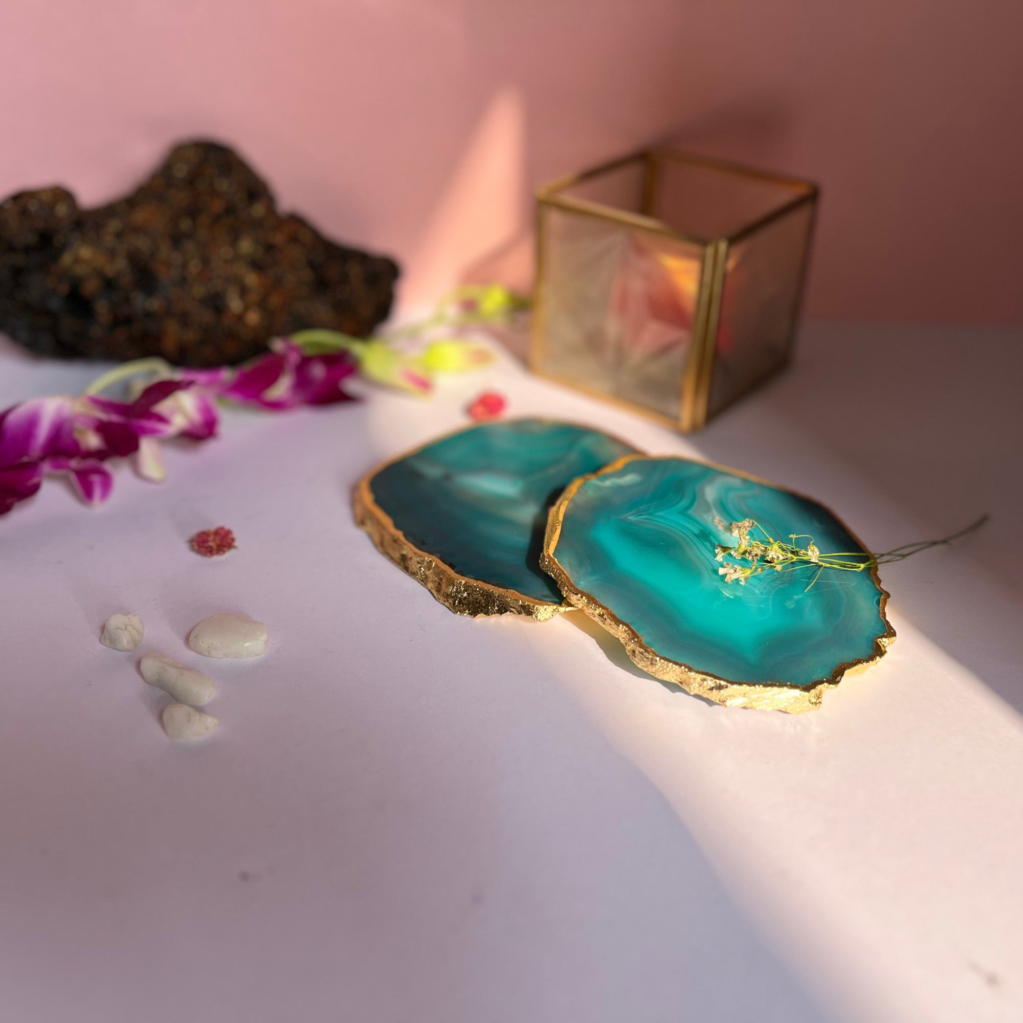 Blue  Natural Brazilian Agate Coaster With  Gold Plating