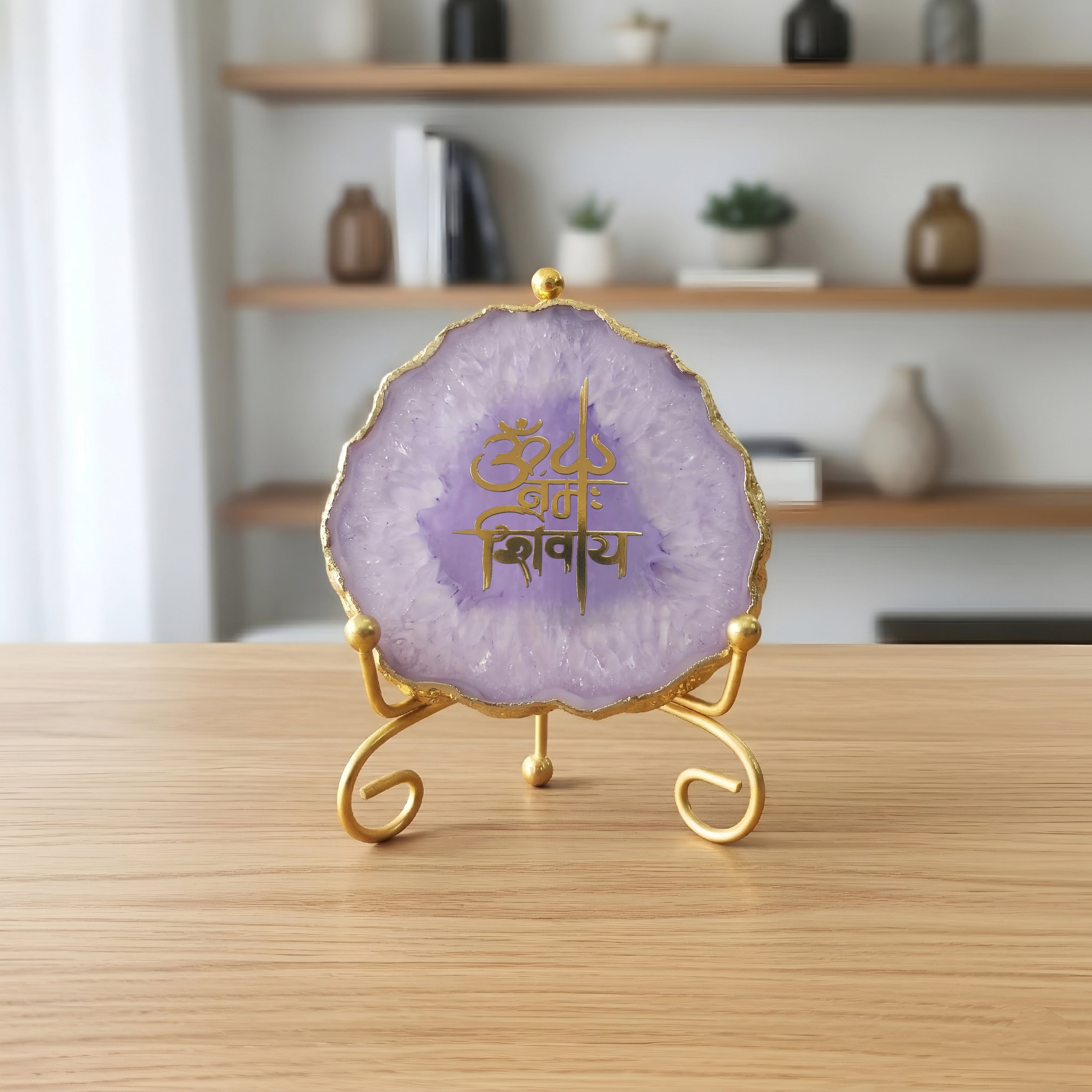 Agate Om Namah Shivay Showpiece with Metal Stand - Blue