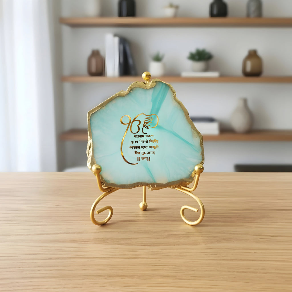 Agate Starting of Mool Mantra Showpiece with Metal Stand - Purple