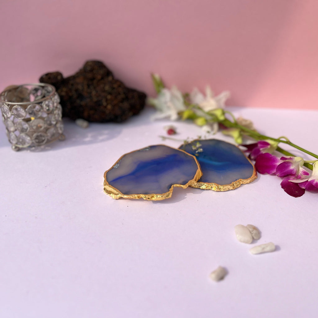 Blue  Natural Brazilian Agate Coaster With  Gold Plating