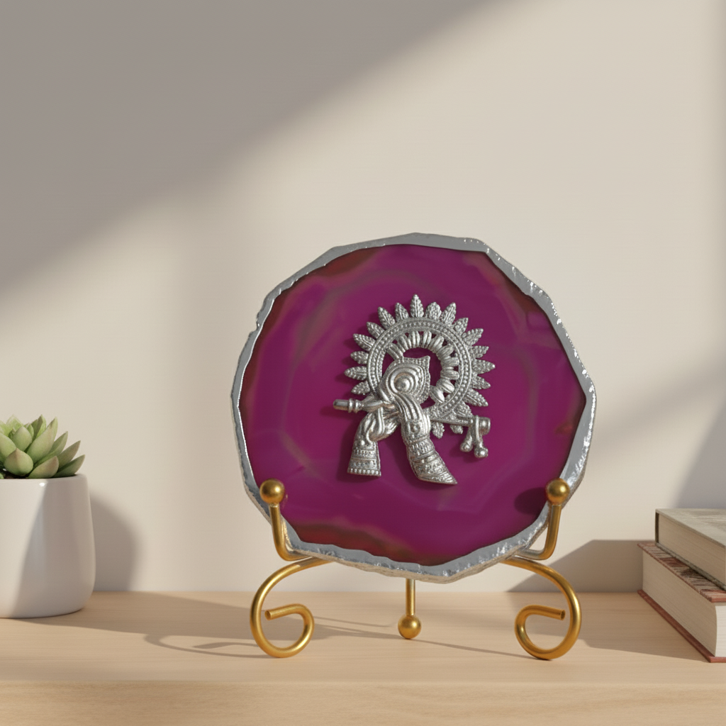 Agate Silver Metal Krishna Showpiece with Metal Stand - White