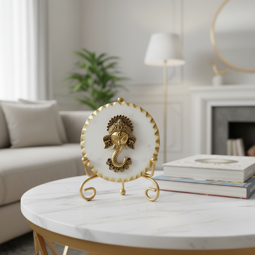 Marble Metal Ganesha Showpiece With Metal Stand