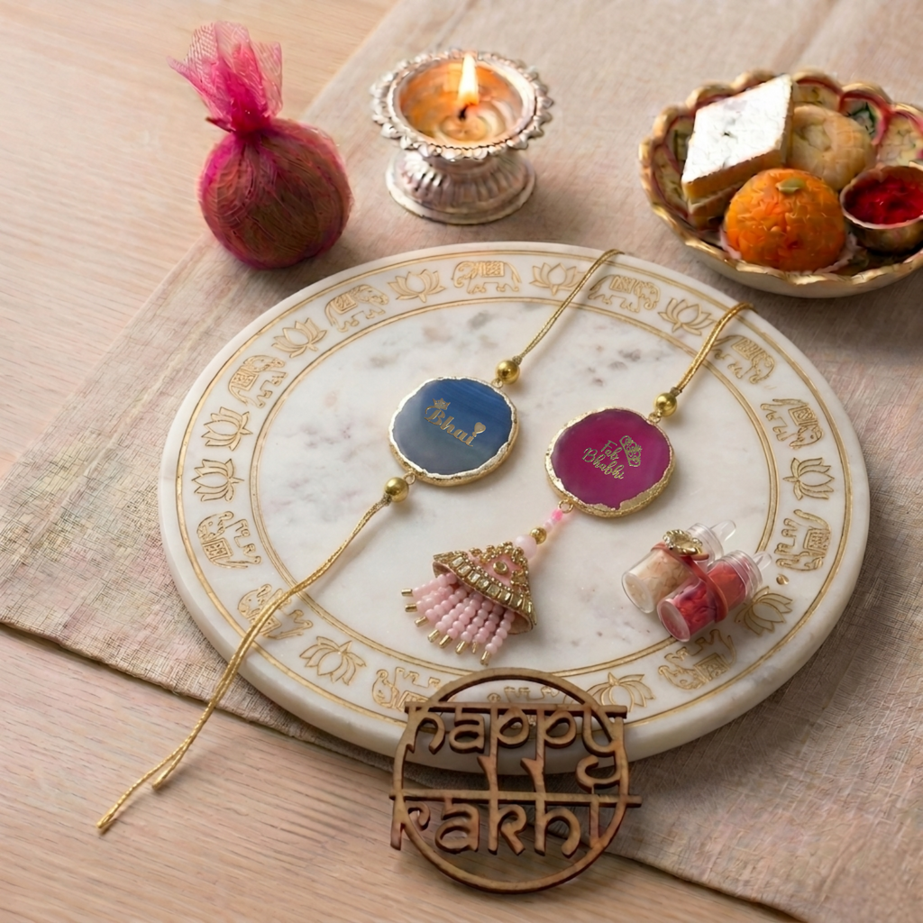 Agate Pink Blue Lumba Rakhi Set With Roli Chawal and Nariyal With Gift Box