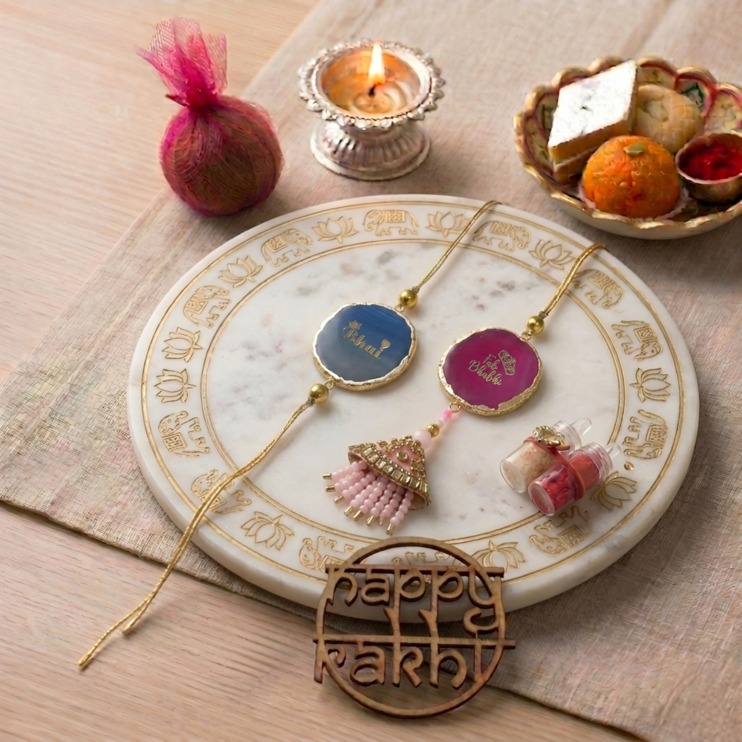 Agate Pink Blue Lumba Rakhi Set With Roli Chawal and Nariyal With Gift Box