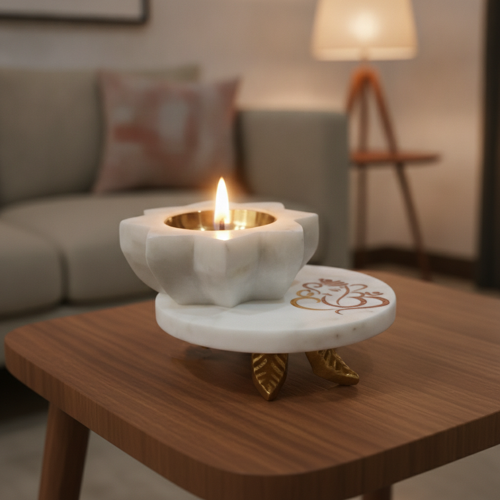 Marble Round Chowki With Marble Brass Diya