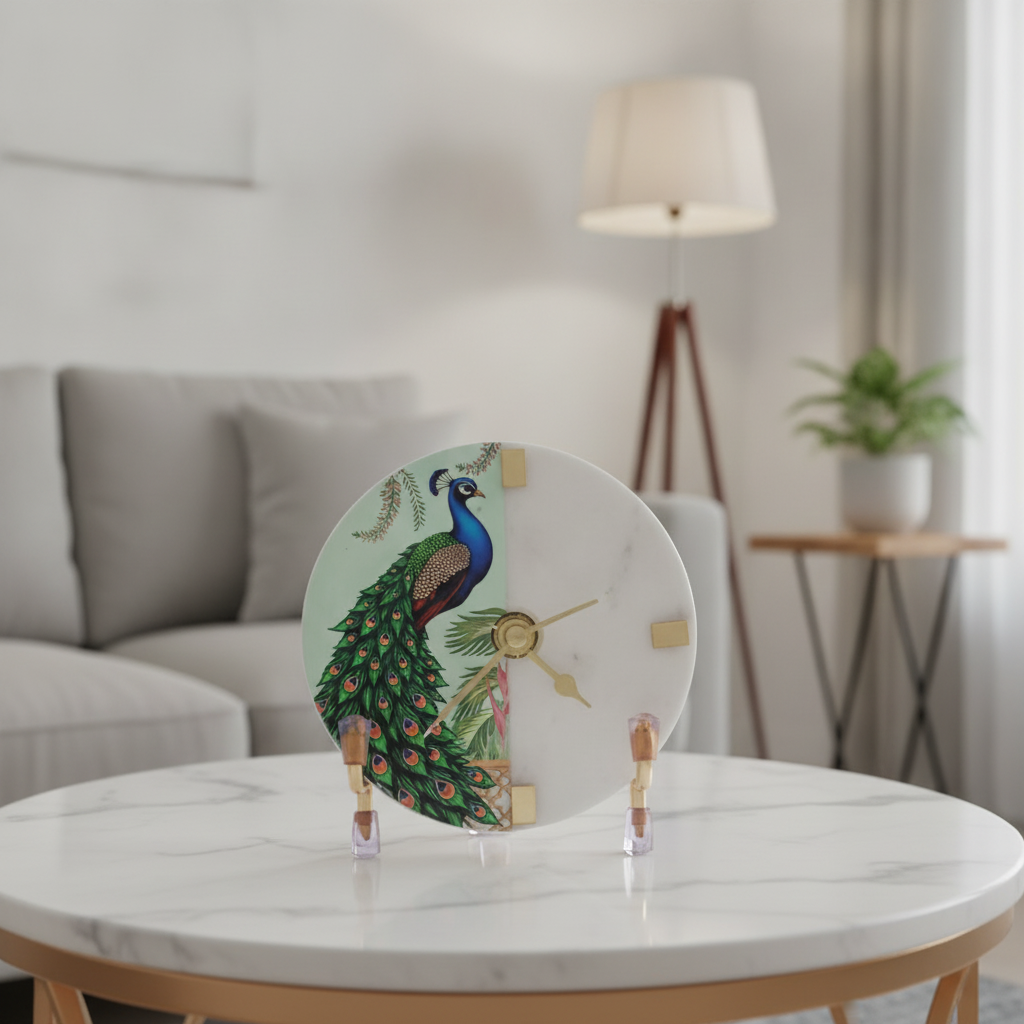 Marble Resin Finished Desk Clock With Metal Stand