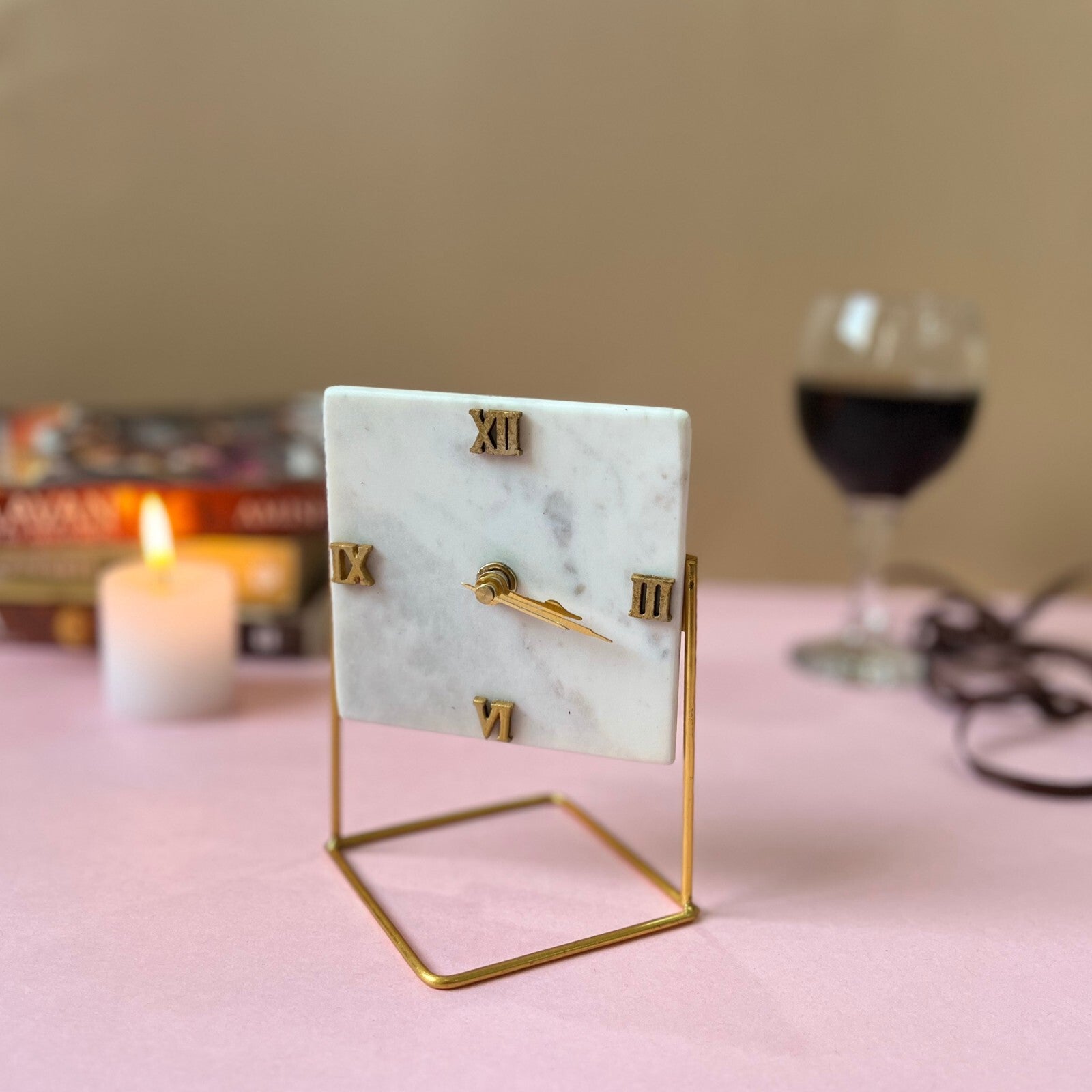 Square Marble Desktop Clock With Metal Stand
