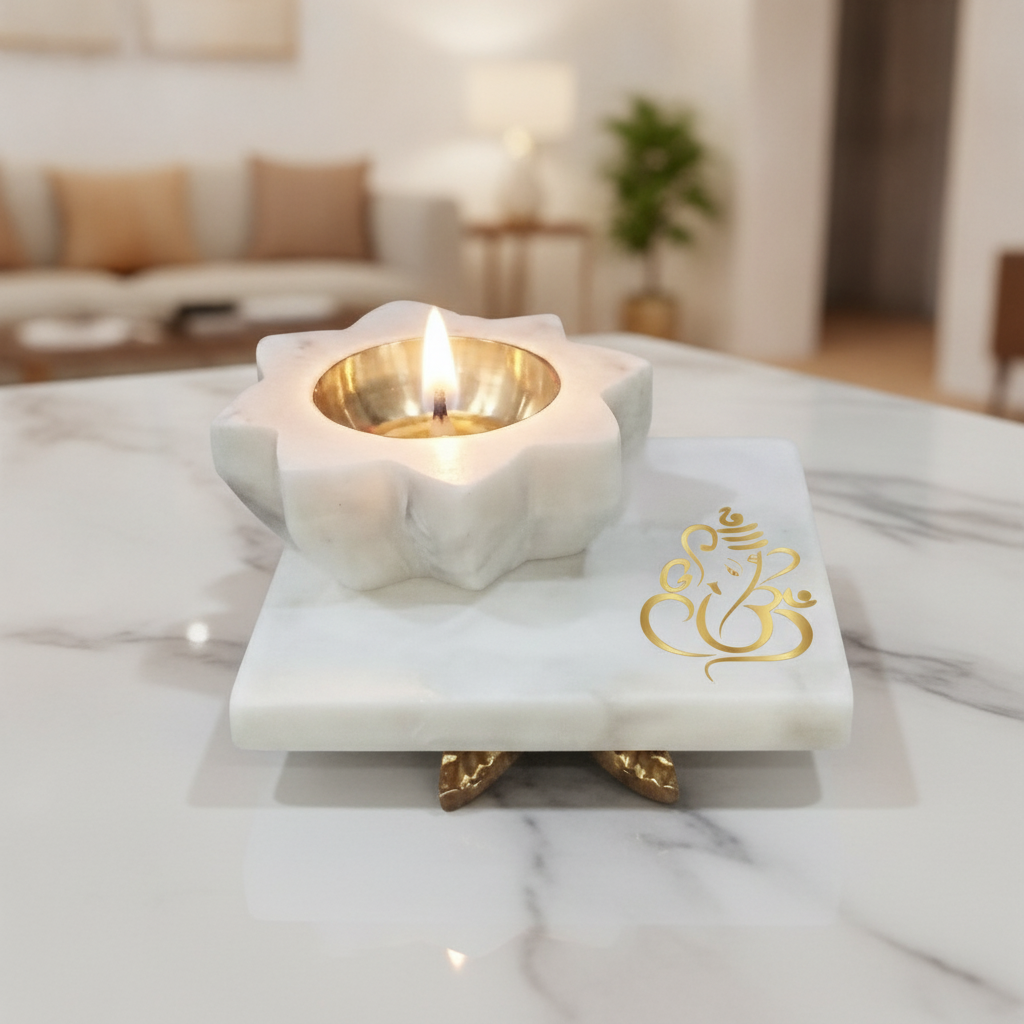 Marble Square Chowki With Marble Brass Diya