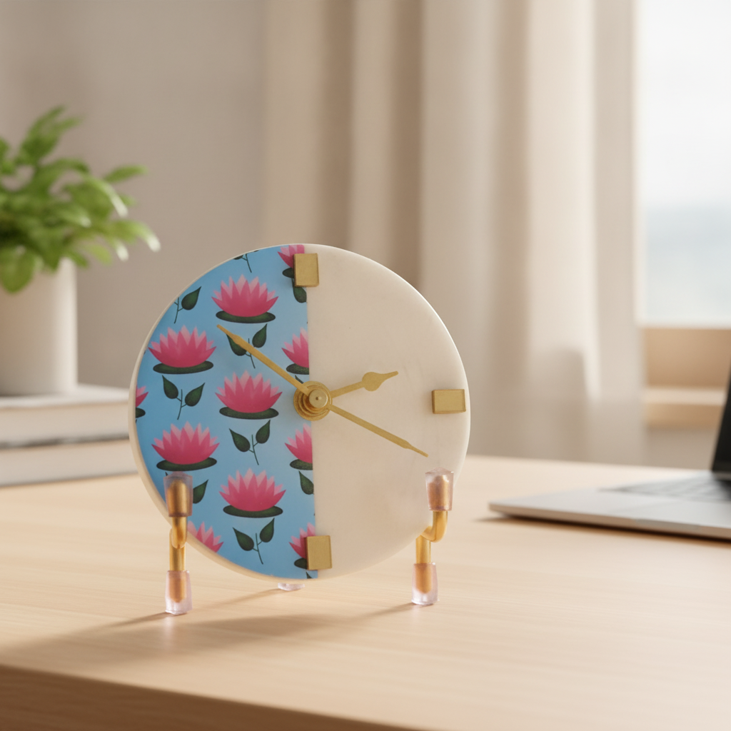 Marble Resin Finished Desk Clock With Metal Stand