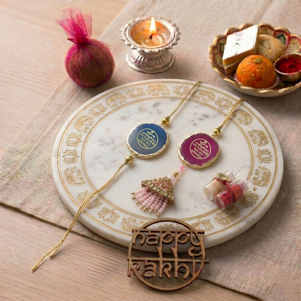 Agate Pink Blue Lumba Rakhi Set With Roli Chawal and Nariyal With Gift Box