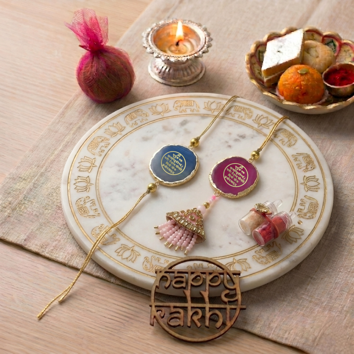 Agate Pink Blue Lumba Rakhi Set With Roli Chawal and Nariyal With Gift Box