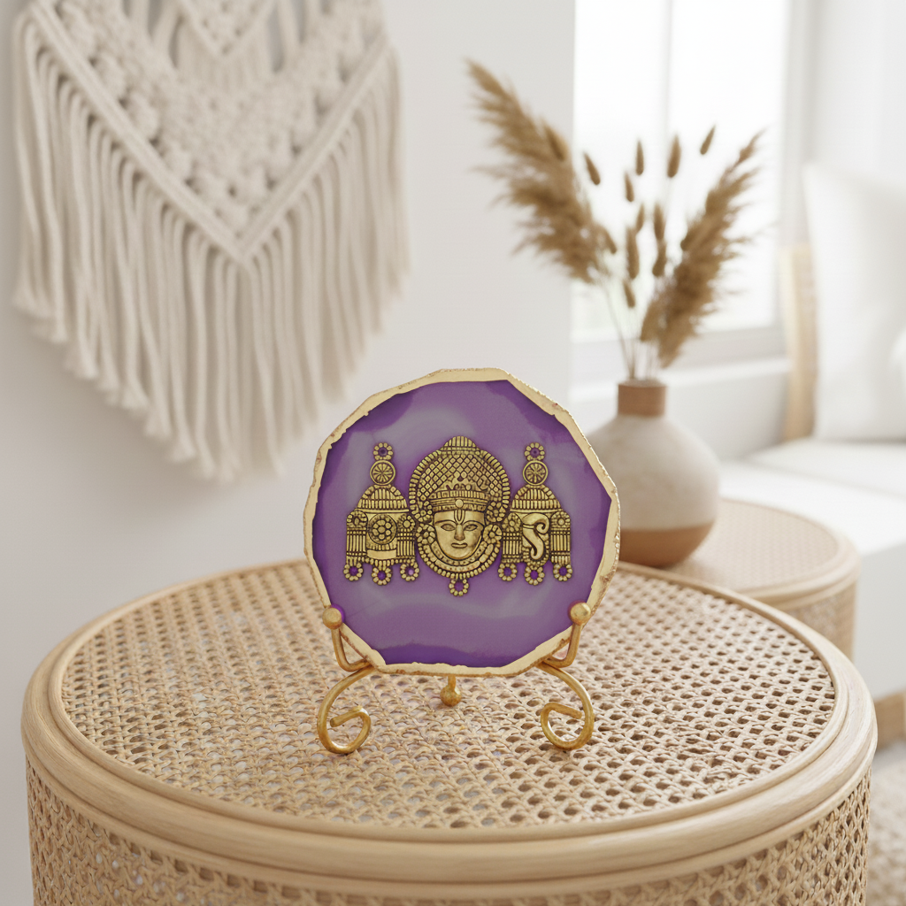 Agate Metal Venketeshwar Showpiece with Metal Stand - Green
