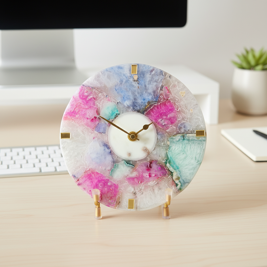 Agate Round Multi Color Desk Clock With Metal Stand