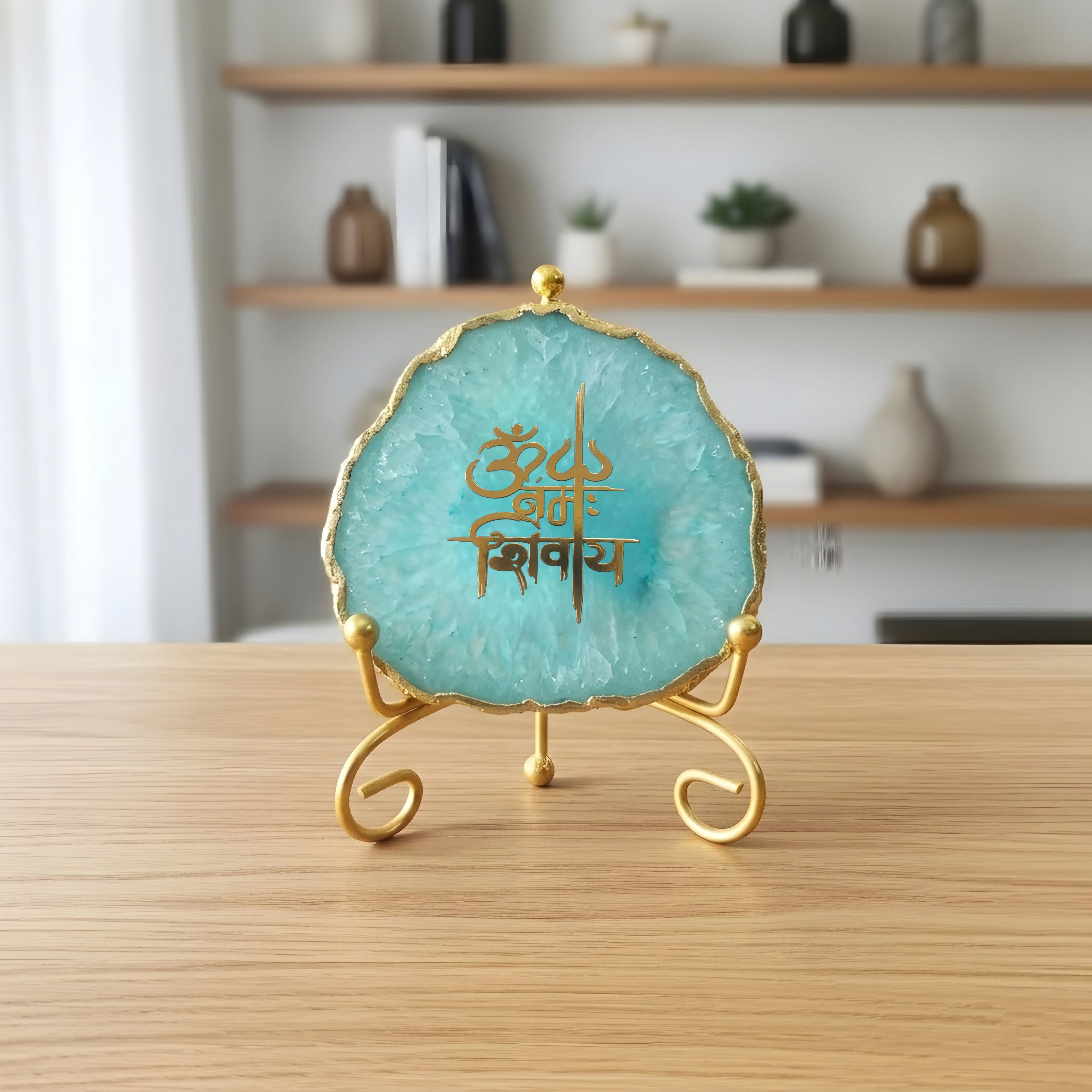 Agate Om Namah Shivay Showpiece with Metal Stand - Blue