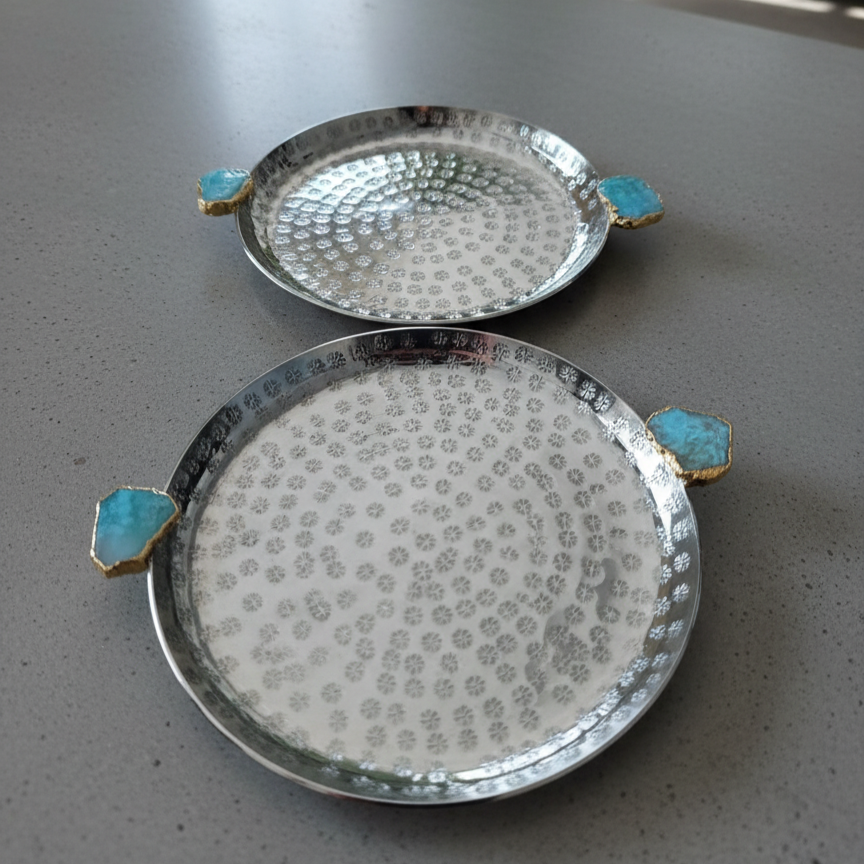 Round Aluminum Tray with White Agate