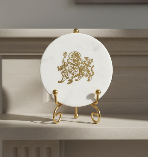 Marble Round Durga Maa Showpiece With Metal Stand