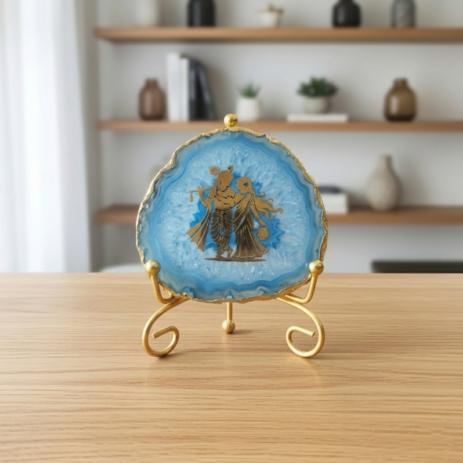 Agate Radha Krishna Showpiece with Metal Stand - Blue