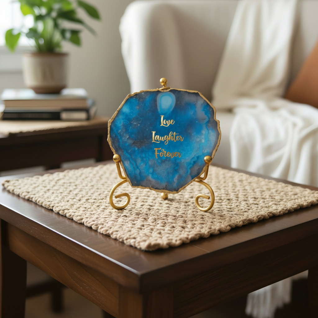 Agate love laughter forever Showpiece with Metal Stand - Blue