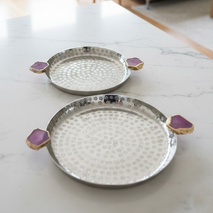 Round Aluminum Tray with Pink Agate