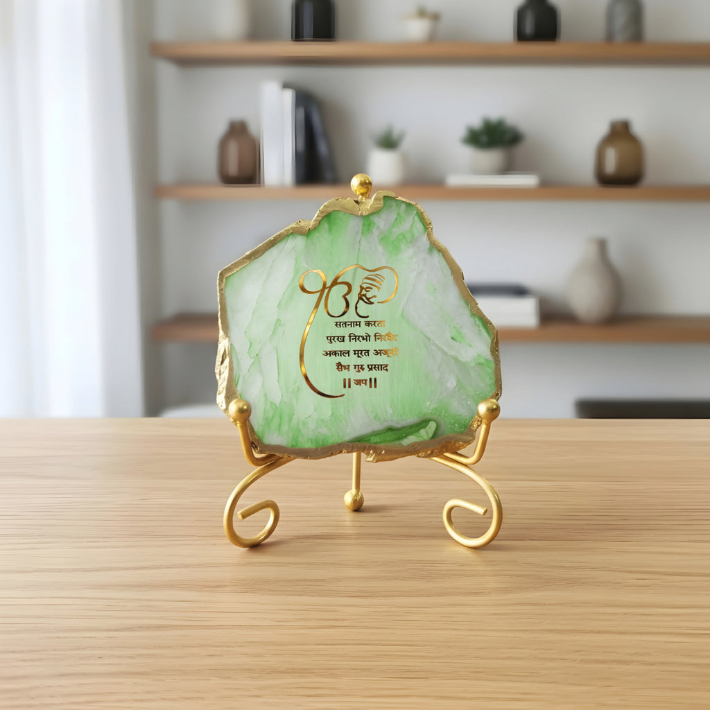 Agate Starting of Mool Mantra Showpiece with Metal Stand - Turquoise