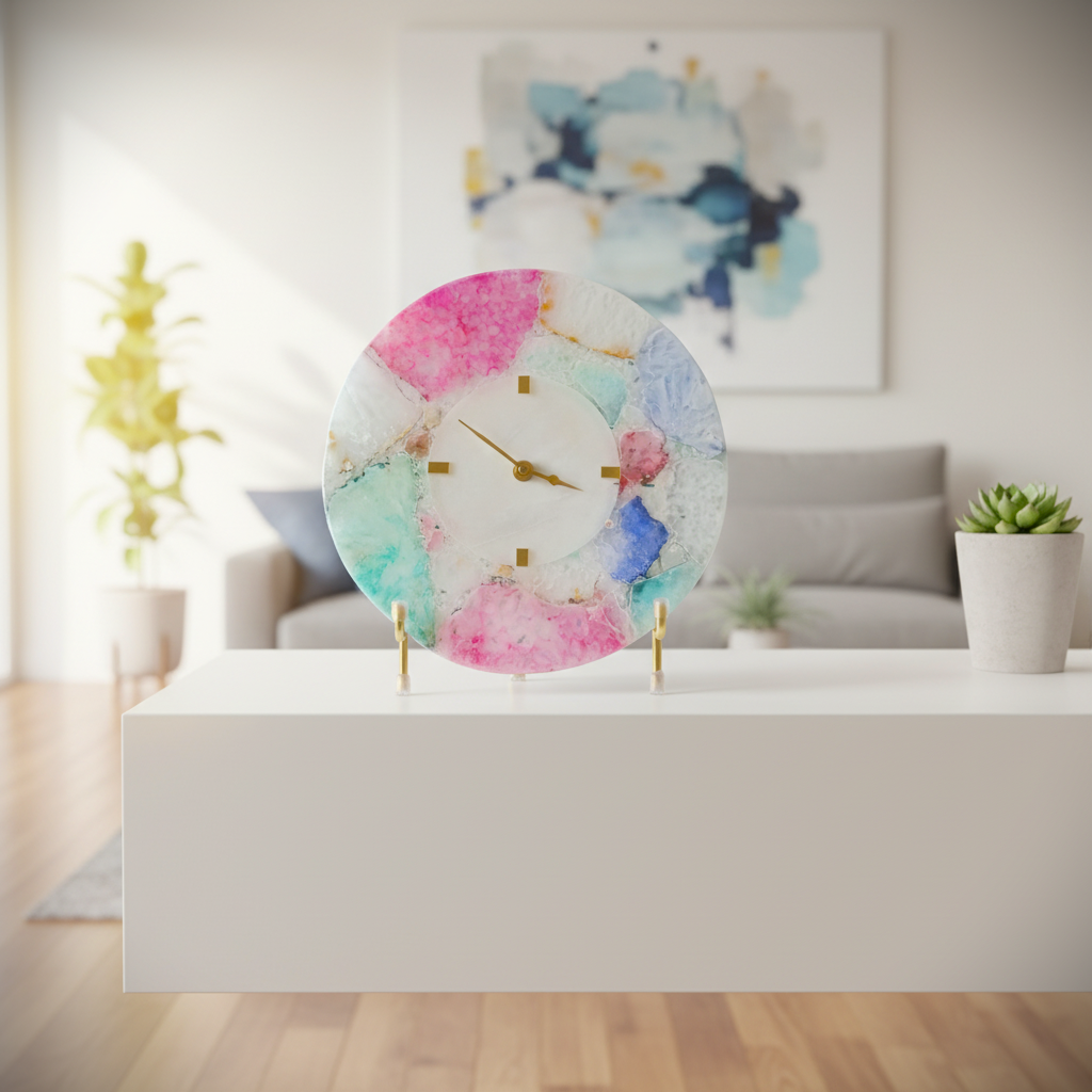 Round Multicolor Agate And White Marble Big Desk Clock with Metal Stand