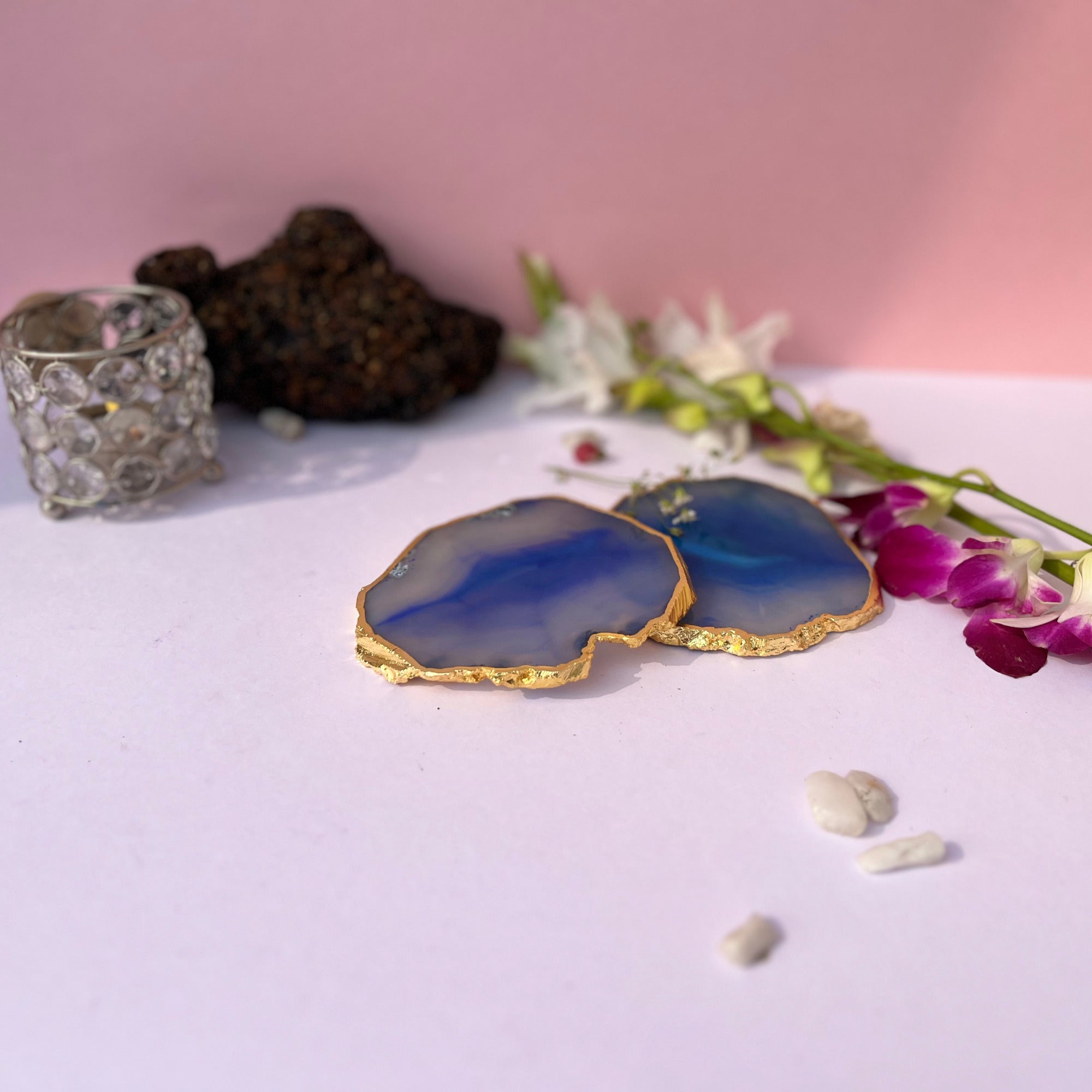 Pink  Natural Brazilian Agate Coaster With  Gold Plating