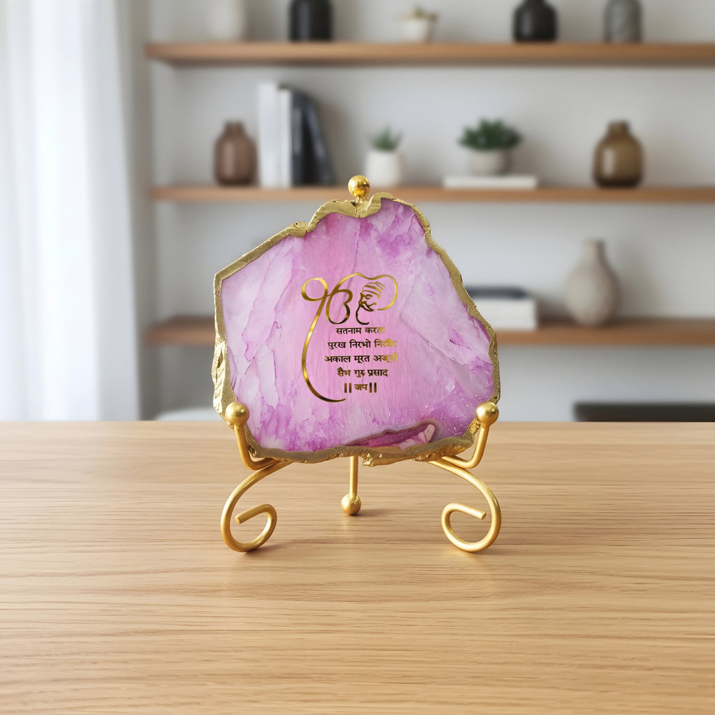 Agate Starting of Mool Mantra Showpiece with Metal Stand - Blue