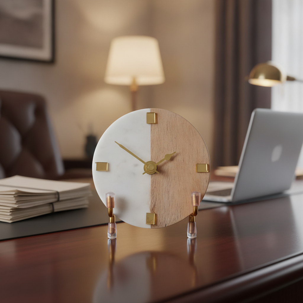 Half Marble Wood Desk Clock With Metal Stand