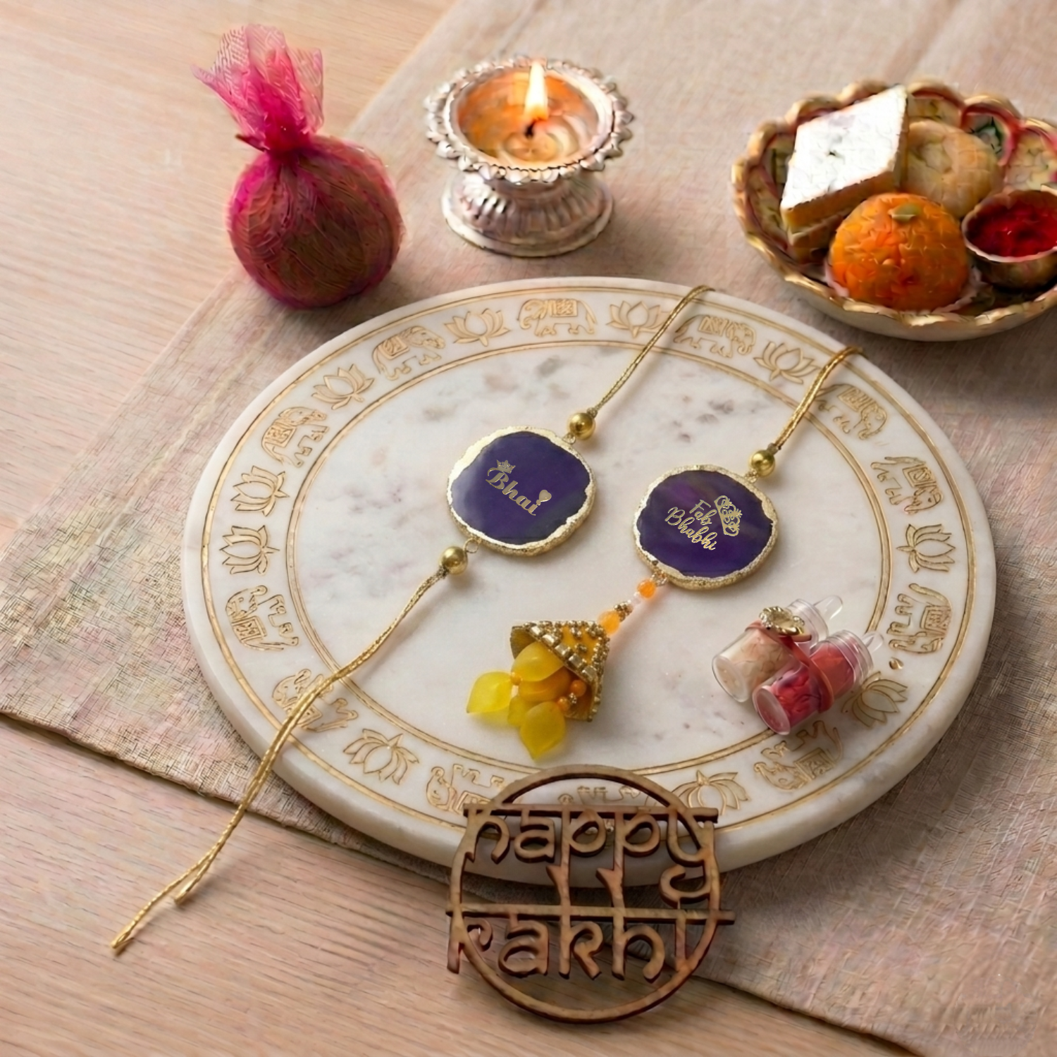 Agate Purple Lumba Rakhi Set With Roli Chawal and Nariyal With Gift Box