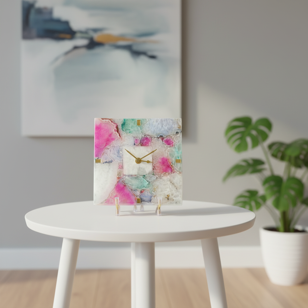 Agate Square Multi Color Desk Clock with Metal Stand