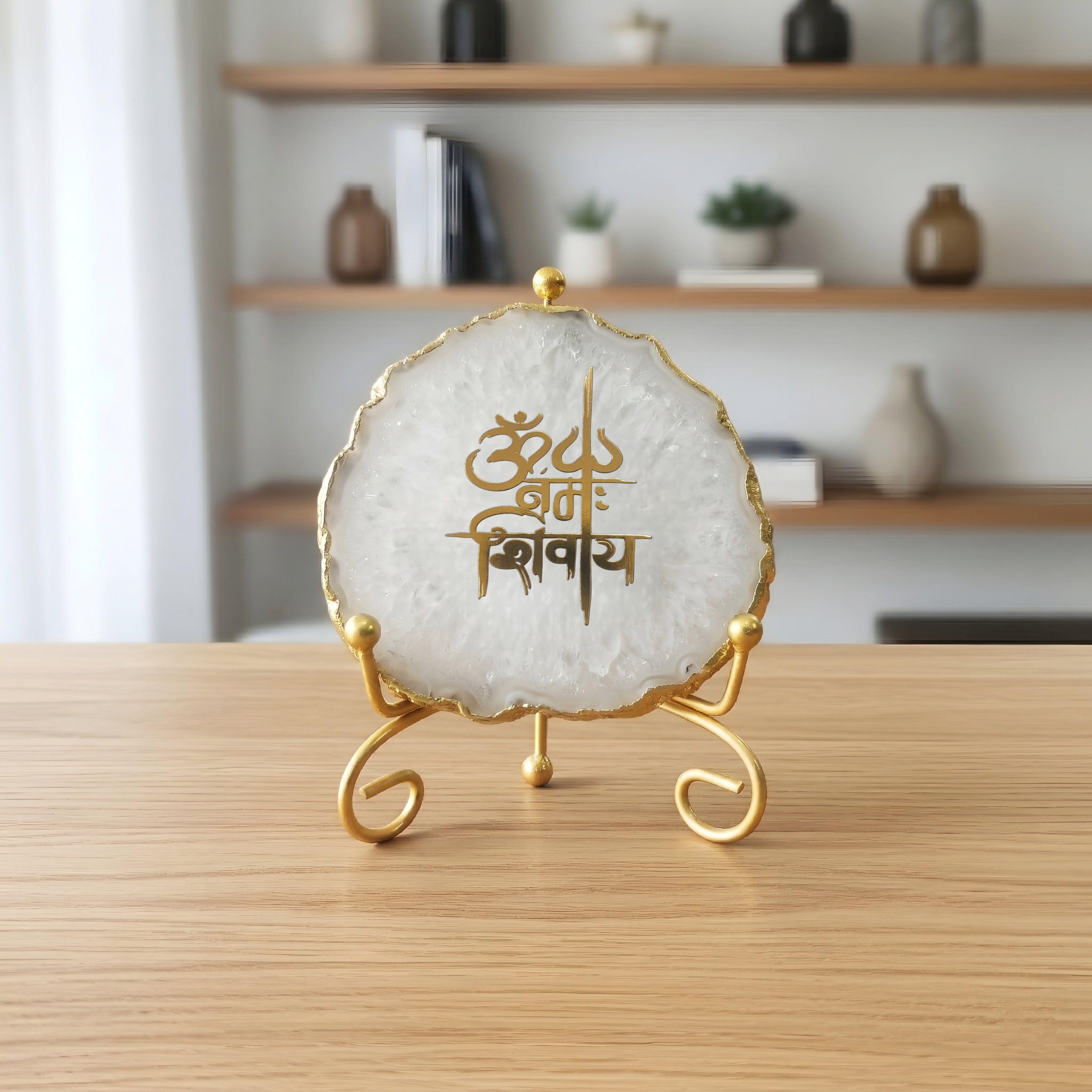 Agate Om Namah Shivay Showpiece with Metal Stand - Blue