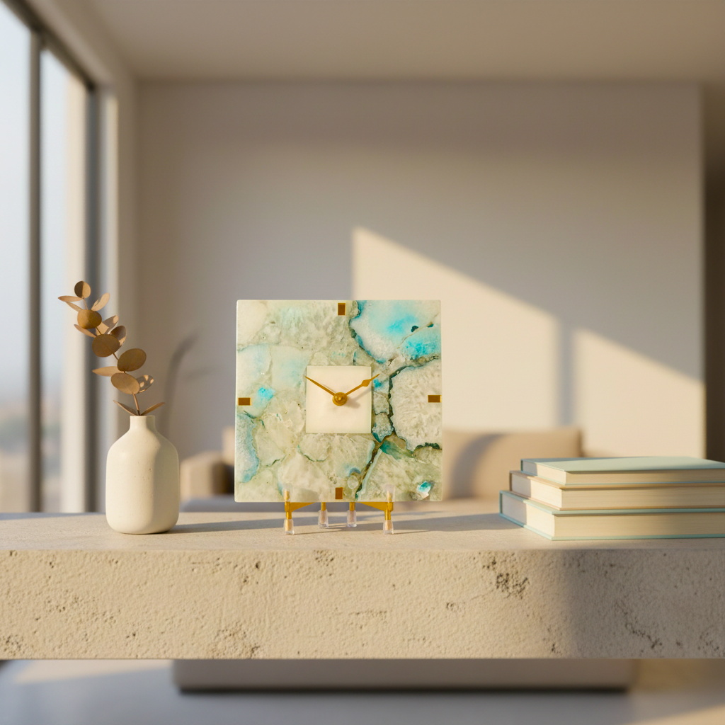 Agate Square Turquoise Color Desk Clock With Metal Stand