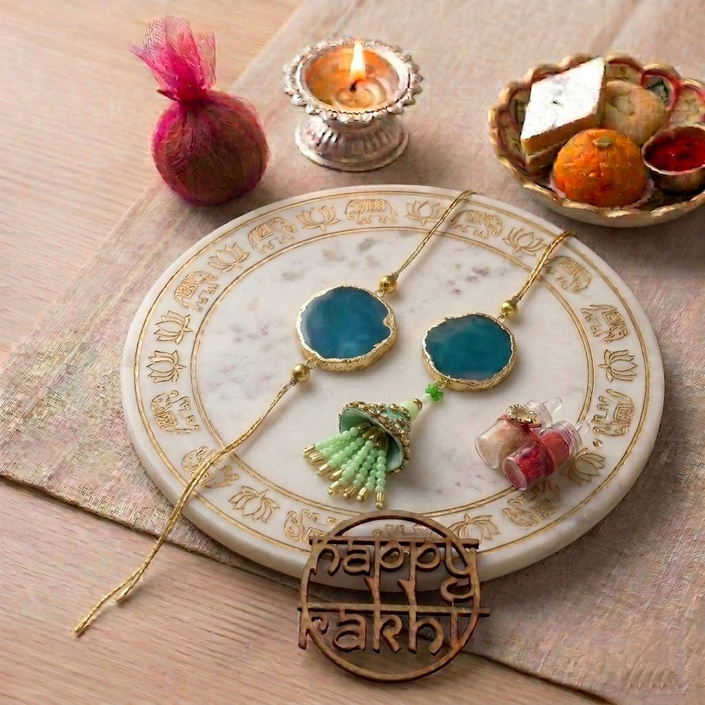 Agate Lumba Rakhi Set With Roli Chawal and Nariyal With Gift Box