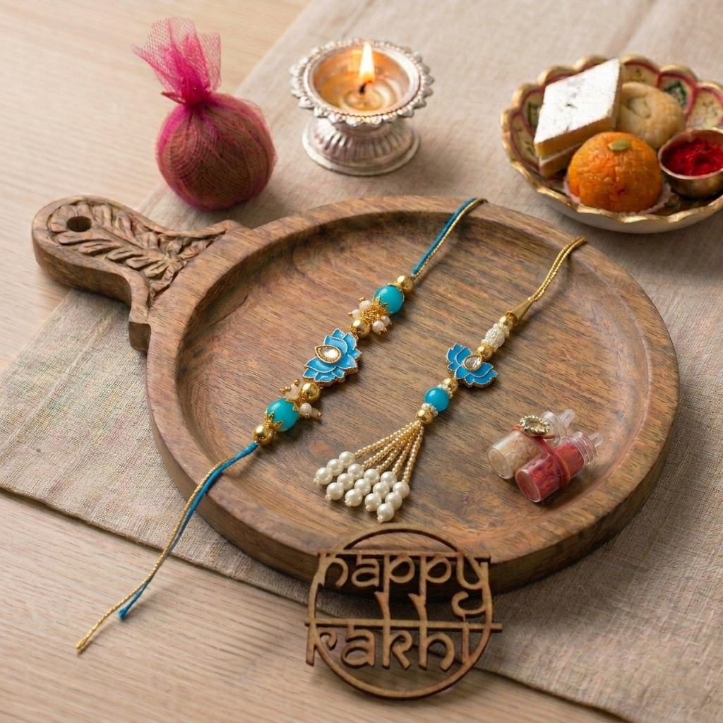 Evil Eye Blue Lumba Rakhi Set With Roli Chawal and Nariyal With Gift Box