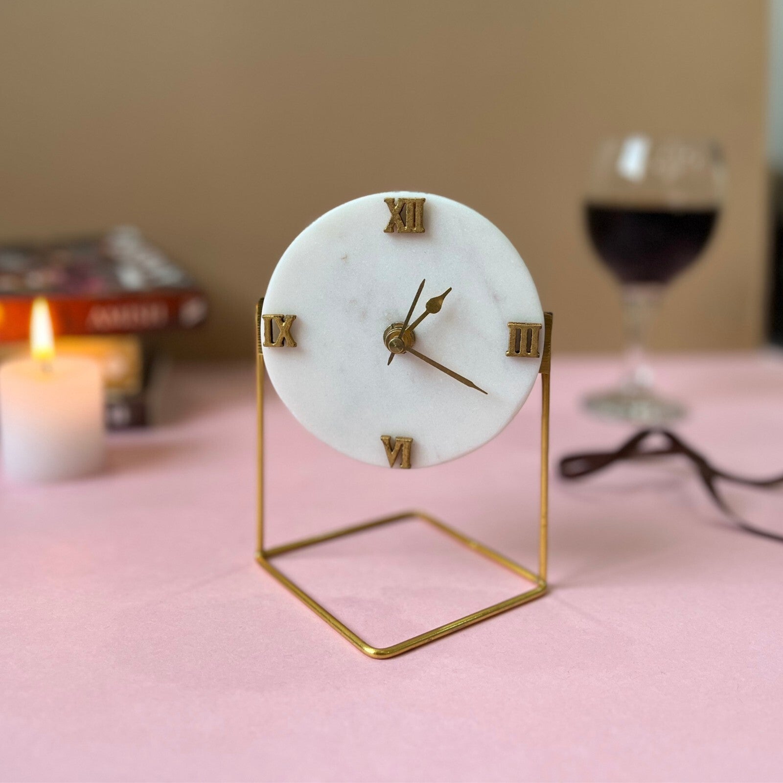 Square Marble Desktop Clock With Metal Stand