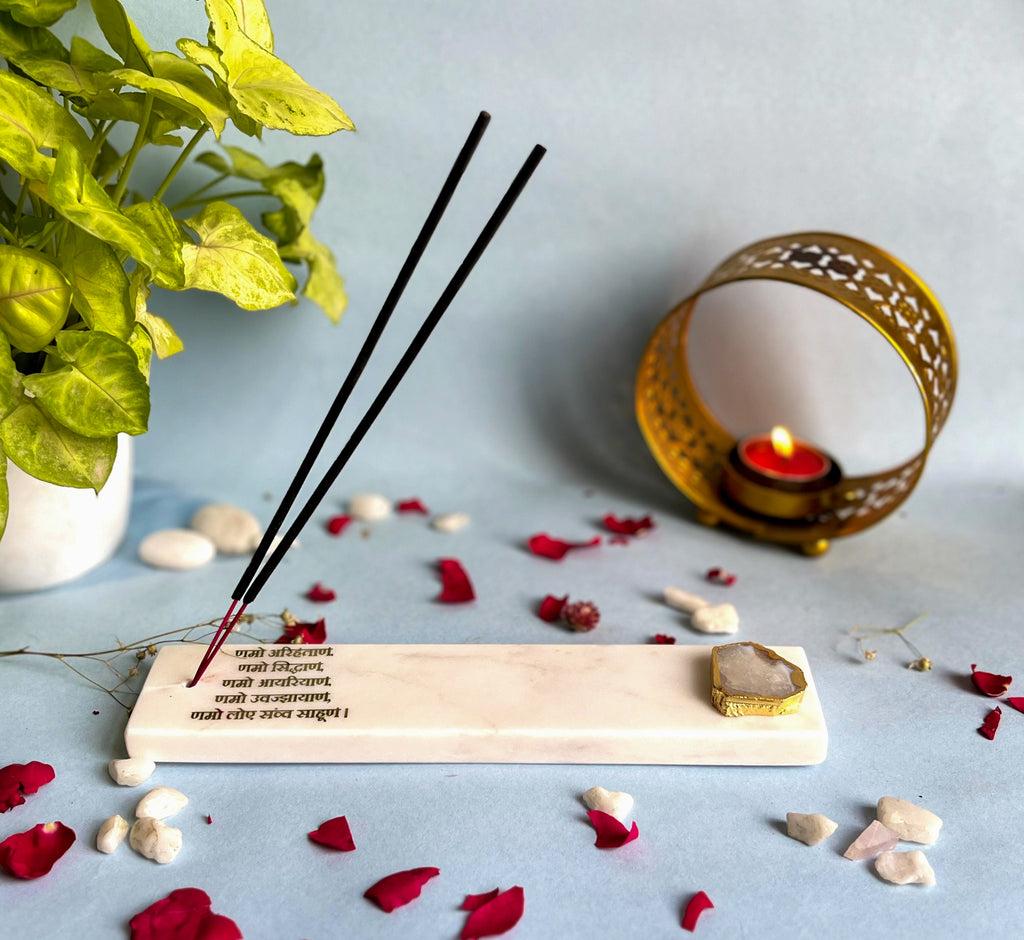 Marble with Agate Namokar Mantra Agarbatti Stand Puja Incense Stick Holder with Ash Catcher Incense Burner